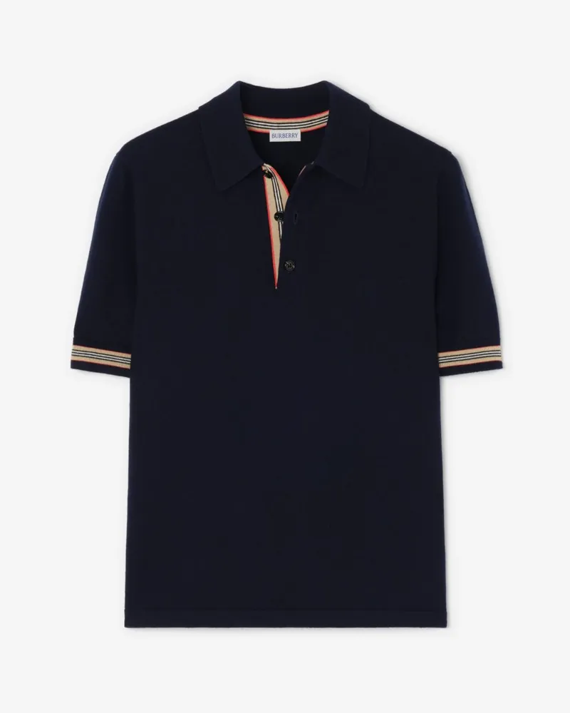 Burberry Woll-Poloshirt mit Streifenbesatz Marineblau