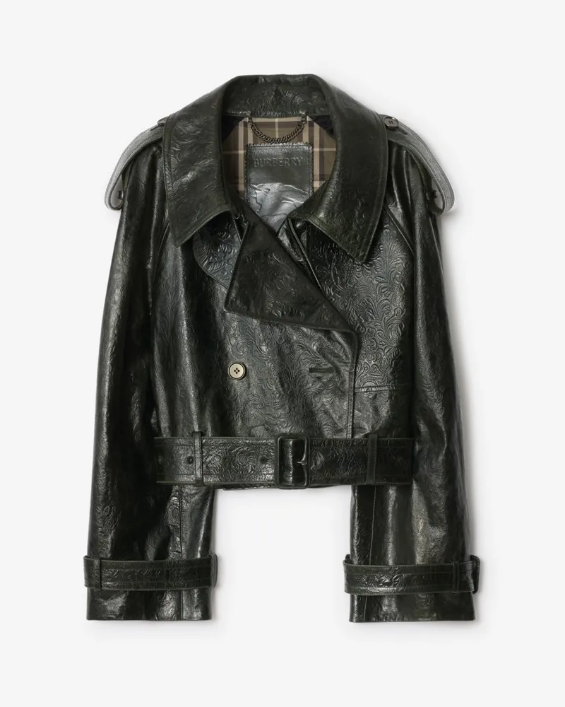 Burberry Cropped-Trenchjacke aus geprägtem Leder Moat-grün