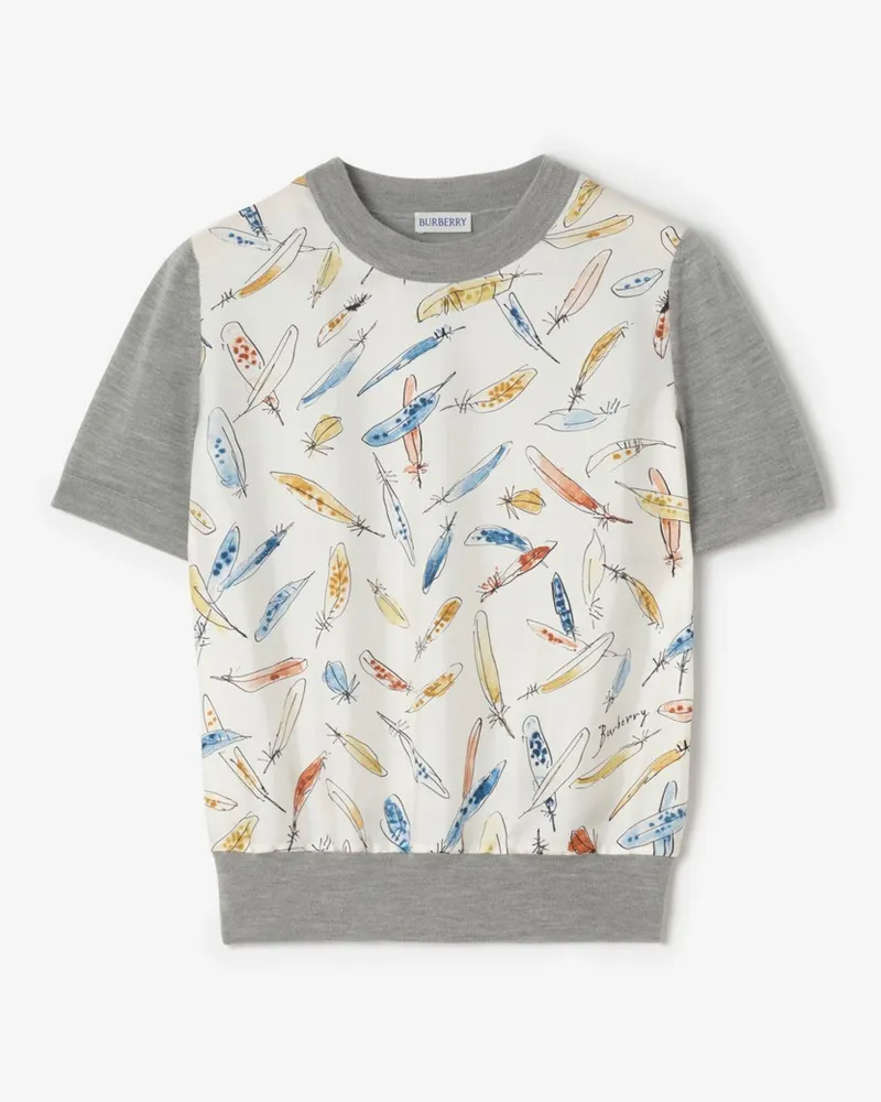 Burberry Woll-Seiden-T-Shirt mit Federprint-Panel Pale