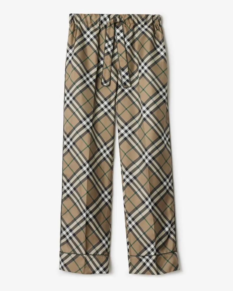 Burberry Seiden-Pyjamahose in Check , Size Linden-beige
