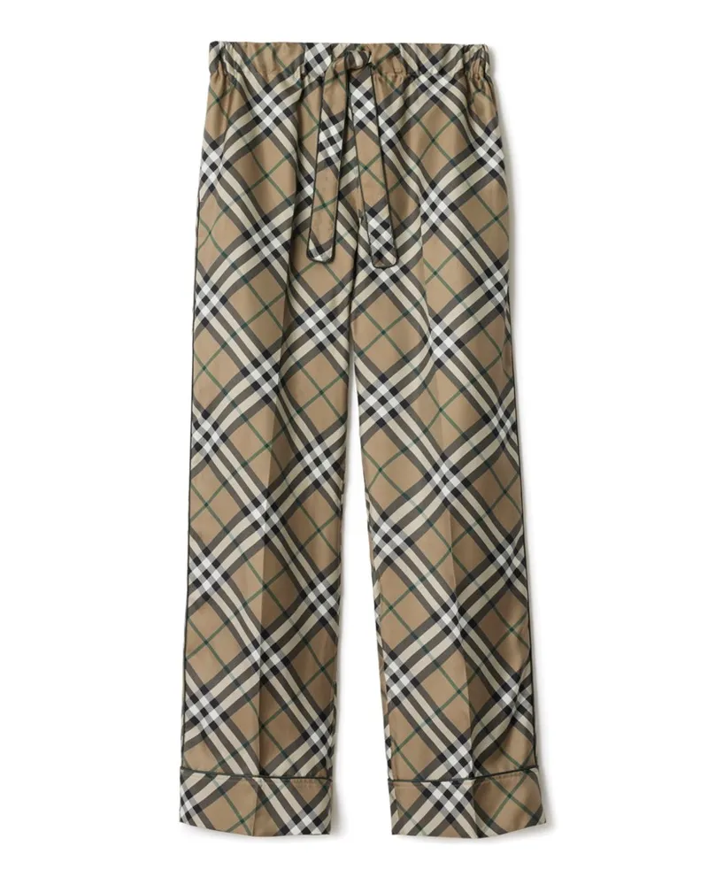 Burberry Seiden-Pyjamahose in Check Linden-beige