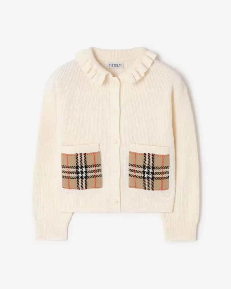 Burberry Baumwoll-Woll-Cardigan mit Check-Tasche , Size Ivory-weiß