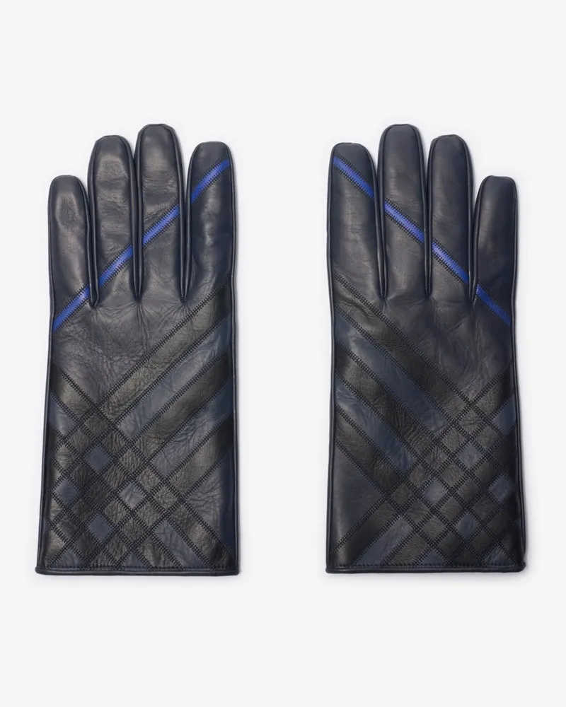 Burberry Lederhandschuhe in Intarsien-Check Storm-blau