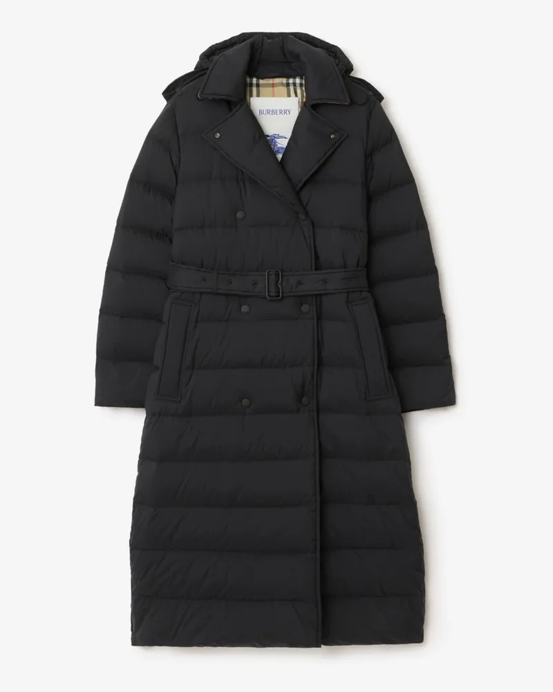Burberry Langer wattierter Nylonmantel mit Kapuze Schwarz