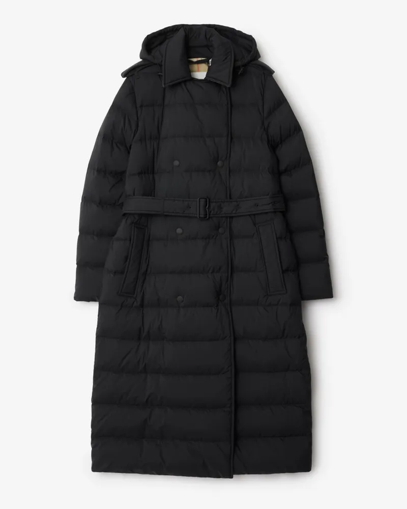 Burberry Langer wattierter Nylonmantel mit Kapuze Schwarz