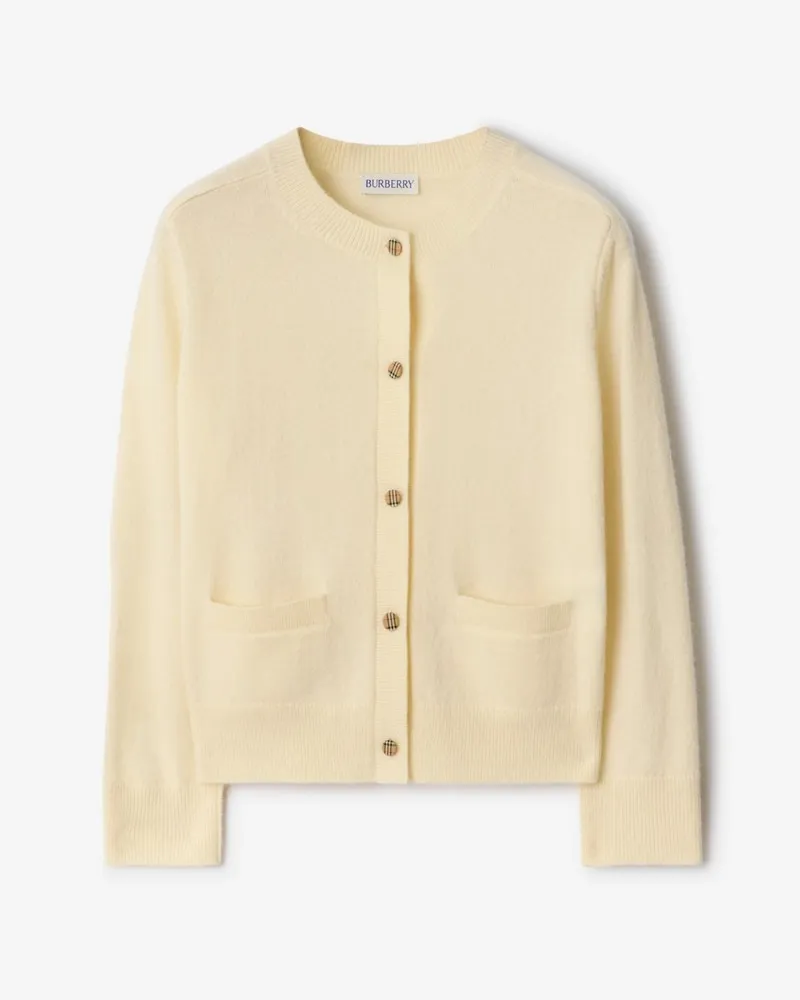 Burberry Woll-Kaschmir-Cardigan mit Check-Patch , Size Ivory-weiß