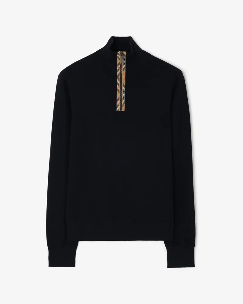 Burberry Wollpullover mit Check-Besatz und halblangem Reißverschluss , Size Navy