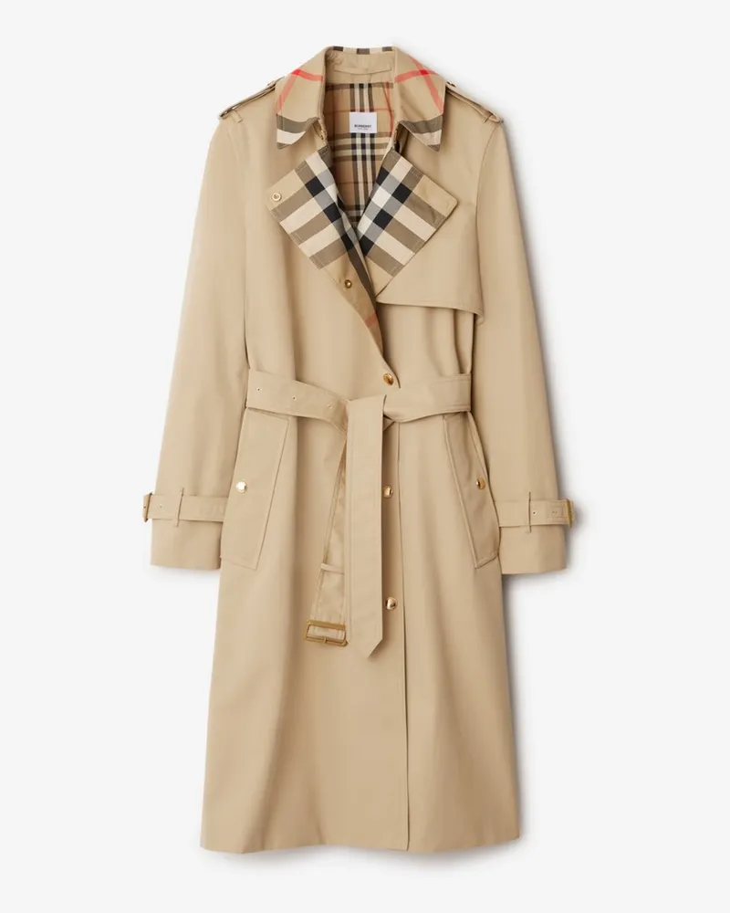 Burberry Langer Trenchcoat aus Gabardine mit Check-Kragen , Size Honey