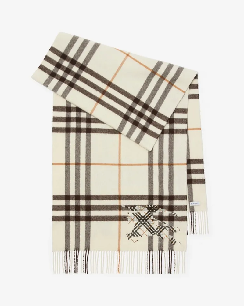 Burberry Breiter Kaschmirschal in Check mit EKD-Motiv im Kreuzstich Pebble-weiß