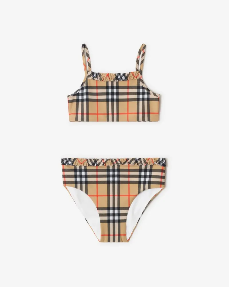 Burberry Bikini in Check mit Rüschen-Besatz Sand-beige