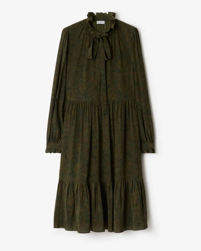 Burberry Seidenkleid mit Blattmuster Moat-grün