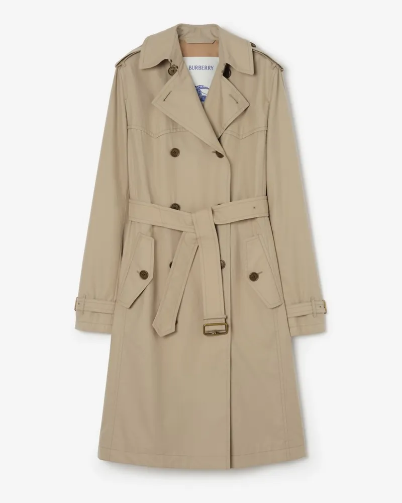 Burberry Langer Trenchcoat „Foxfield“ aus Tropen-Gabardine mit Seidenfutter , Size Saltmarsh