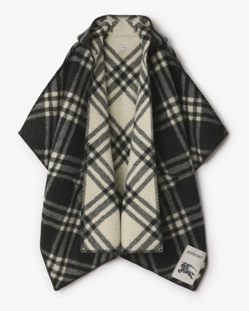 Burberry Wendbares Wollcape mit Kapuze und Karoseite Schwarz