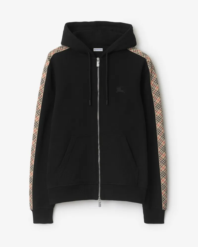Burberry Baumwoll-Kapuzenjacke mit Check-Besatz , Size Black