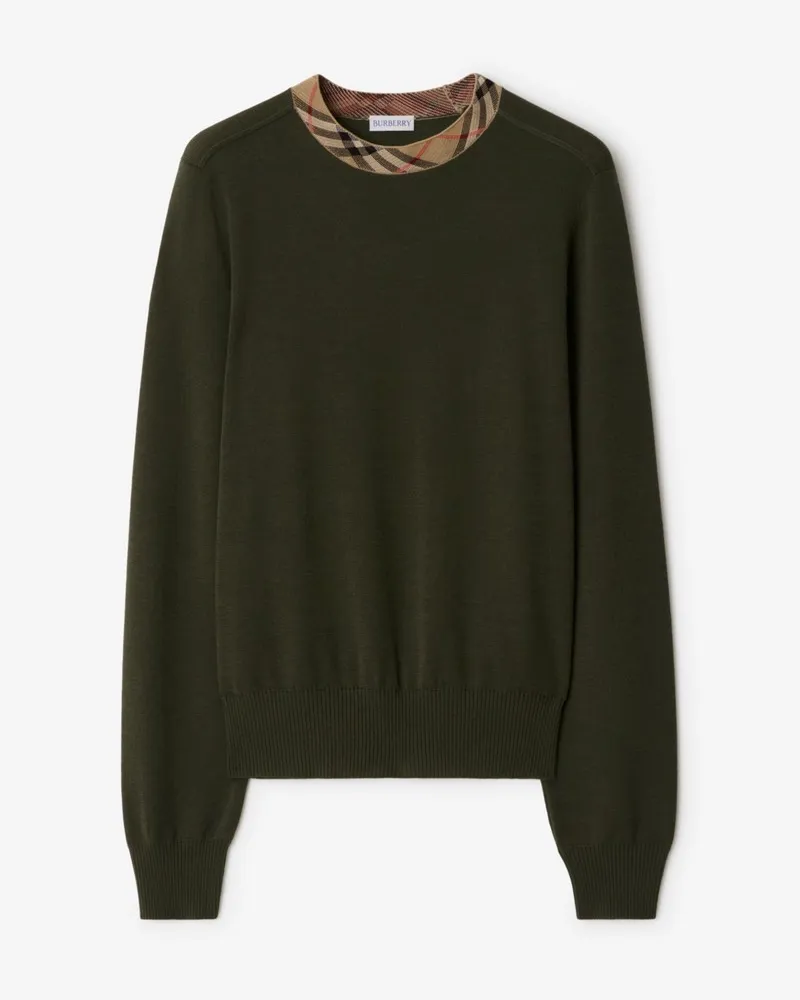 Burberry Wollpullover mit Check-Besatz Shale-grün