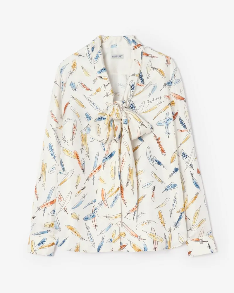 Burberry Seidenbluse mit Federprint und Schaldetail , Size Ink