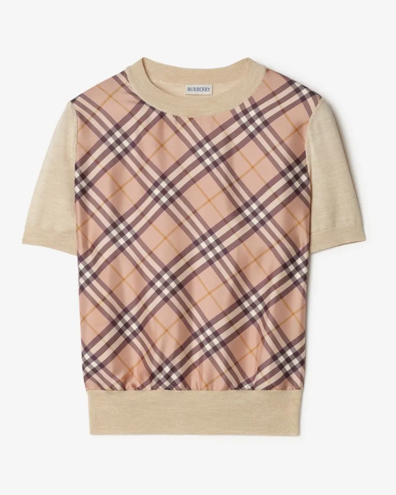 Burberry Woll-Seiden-T-Shirt mit Karopanel , Size Light