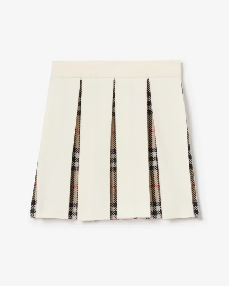 Burberry Wollmisch-Faltenrock in Check , Size Ivory