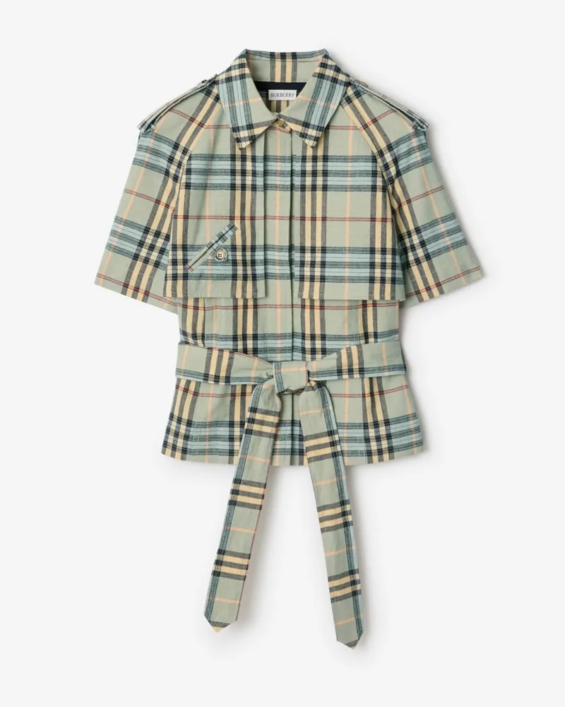 Burberry Cropped-Trenchhemd aus Leinen und Wolle in Check , Size Blasses