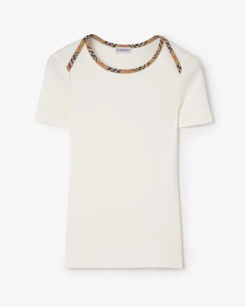Burberry Stretchbaumwoll-T-Shirt mit Check-Besatz , Size Chalk-weiß