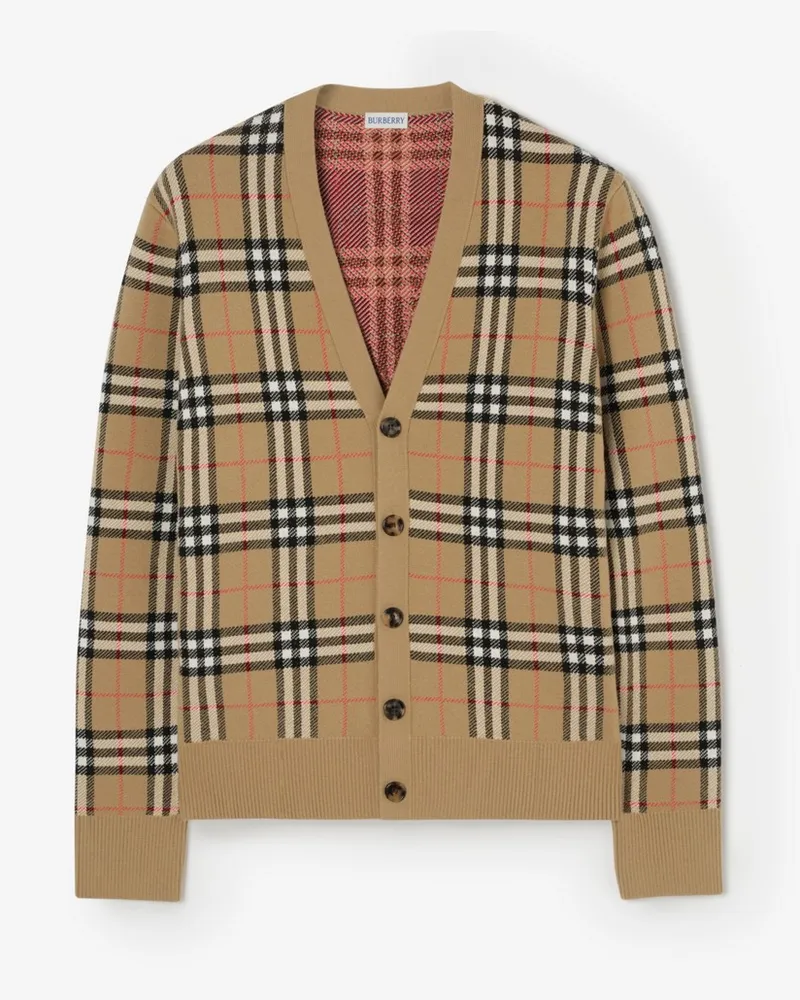 Burberry Baumwoll-Woll-Cardigan in Check , Size Sand-beige