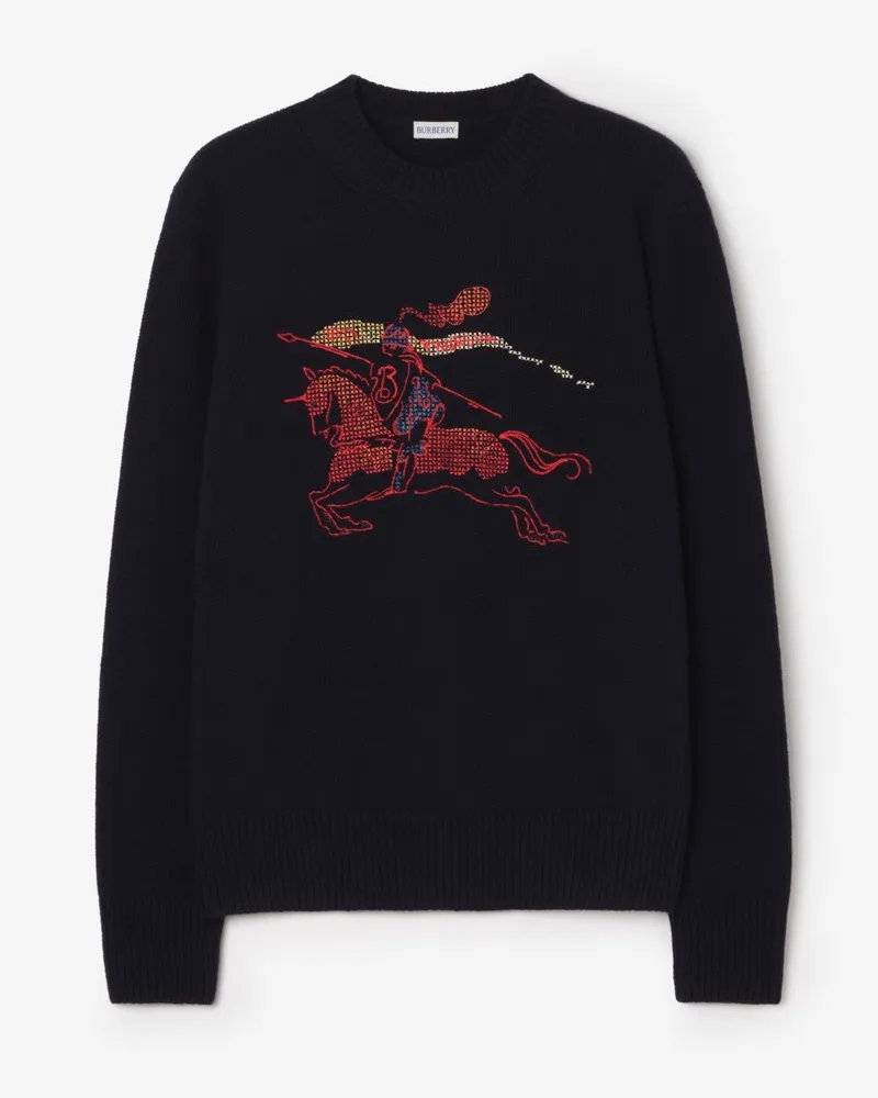 Burberry Woll-Kaschmir-Pullover mit EKD-Motiv im Kreuzstich , Size Marineblau