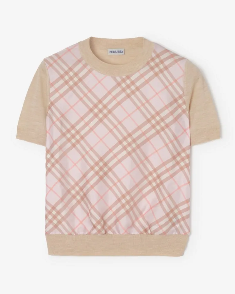 Burberry Woll-Seiden-T-Shirt mit Karopanel , Size Quartz