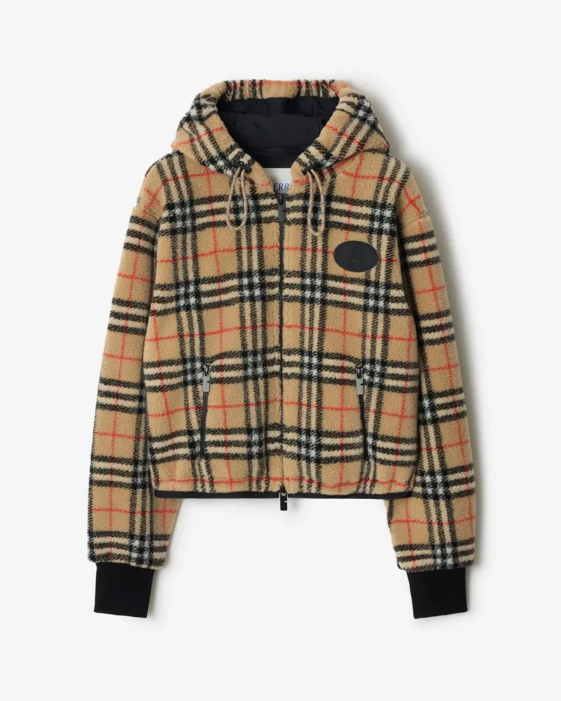 Burberry Cropped-Kapuzenjacke aus Fleece in Check Sand-beige