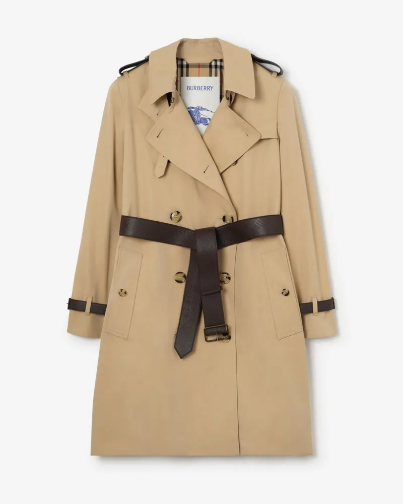 Burberry Mittellanger Trenchcoat „Kensington“ mit Lederbesatz , Size Honey