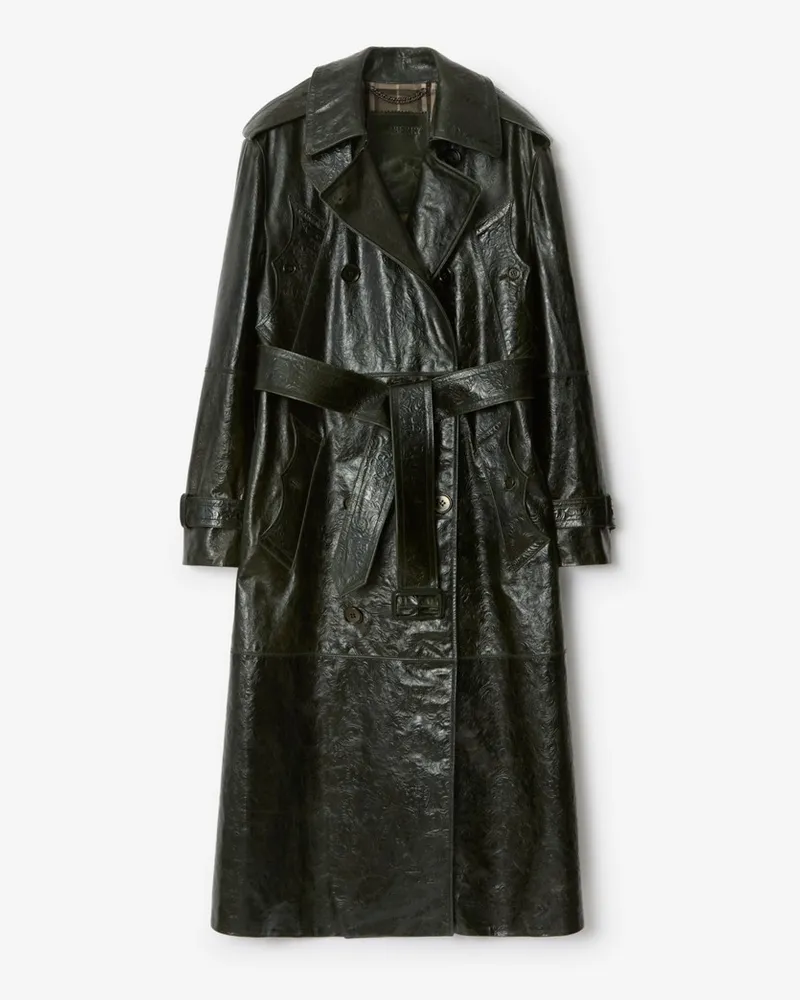 Burberry Langer Trenchcoat aus geprägtem Leder Moat-grün