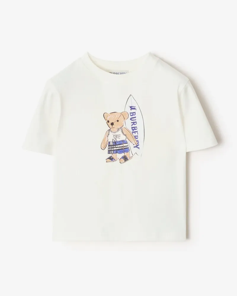 Burberry Baumwoll-T-Shirt mit Surfer-Teddybär , Size Chalk-weiß
