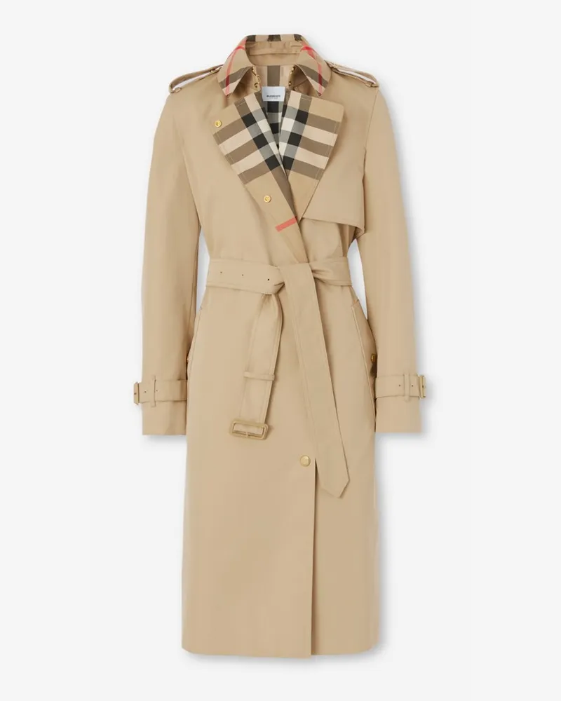 Burberry Langer Trenchcoat aus Gabardine mit Check-Kragen Honey