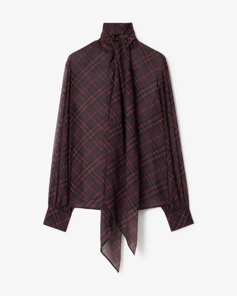 Burberry Seidenbluse in Check mit Schaldetail , Size Wine-rot