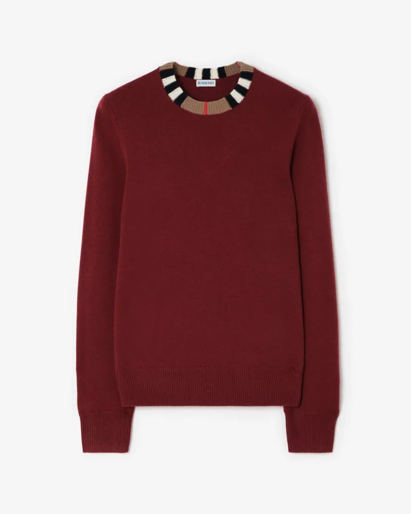 Burberry Woll-Kaschmir-Pullover mit Streifenbesatz Carmine-rot