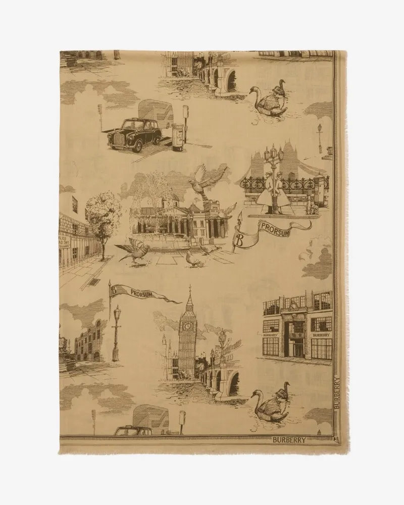 Burberry Woll-Seidenschal mit Londoner Wahrzeichen, Sand Sand-beige