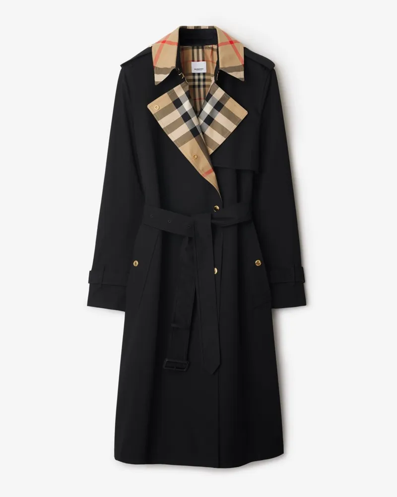Burberry Langer Trenchcoat aus Gabardine mit Check-Kragen , Size Black