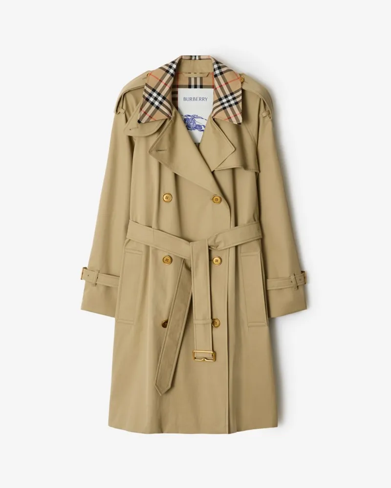 Burberry Mittellanger Trenchcoat „Castleford“ mit Check-Kragen , Size Hamper-beige