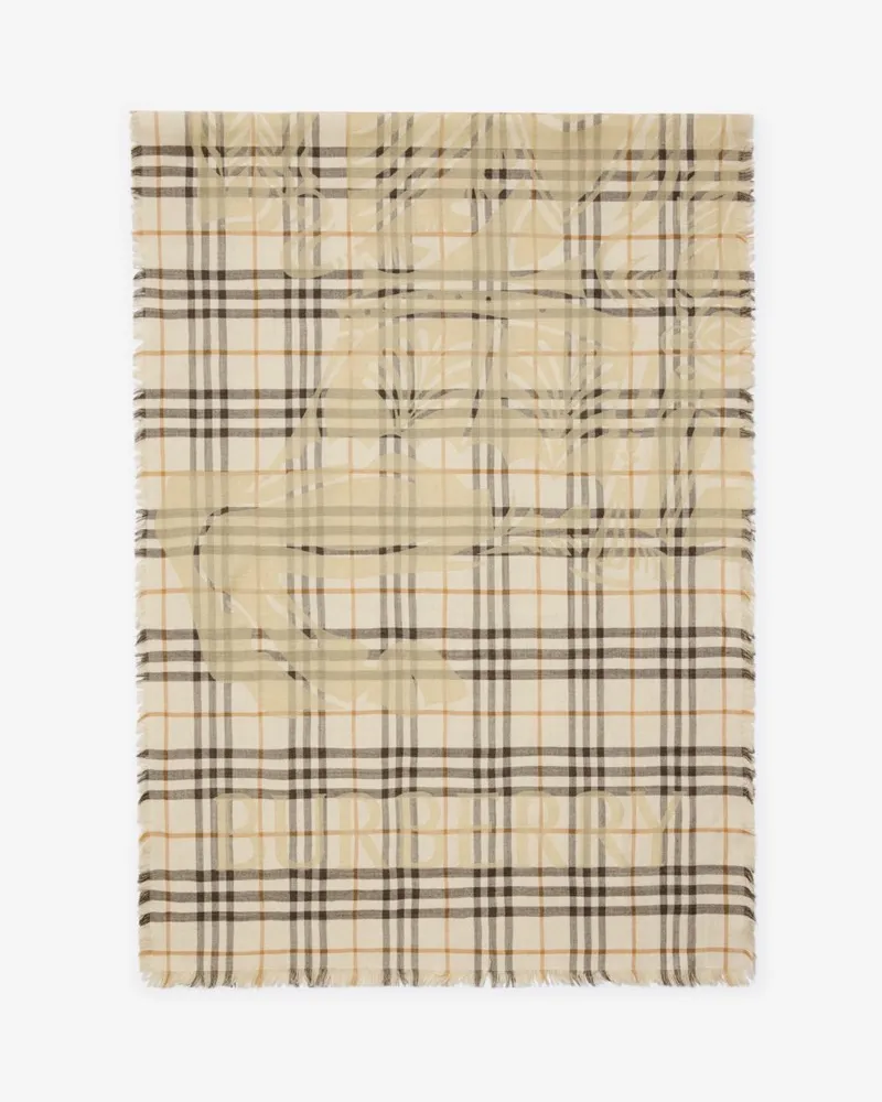 Burberry Breiterer Woll-Seiden-Schal in Check mit EKD-Motiv Pebble-weiß