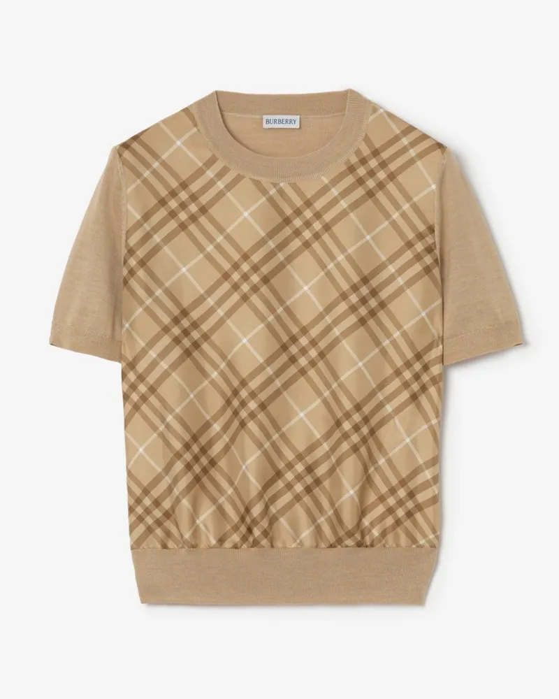 Burberry Woll-Seiden-T-Shirt mit Karopanel Camelfarben