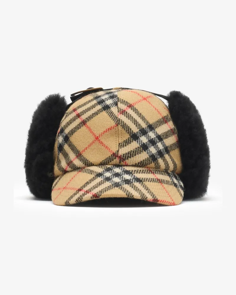 Burberry Ohrenklappen-Cap aus Wolle in Check Sand-beige
