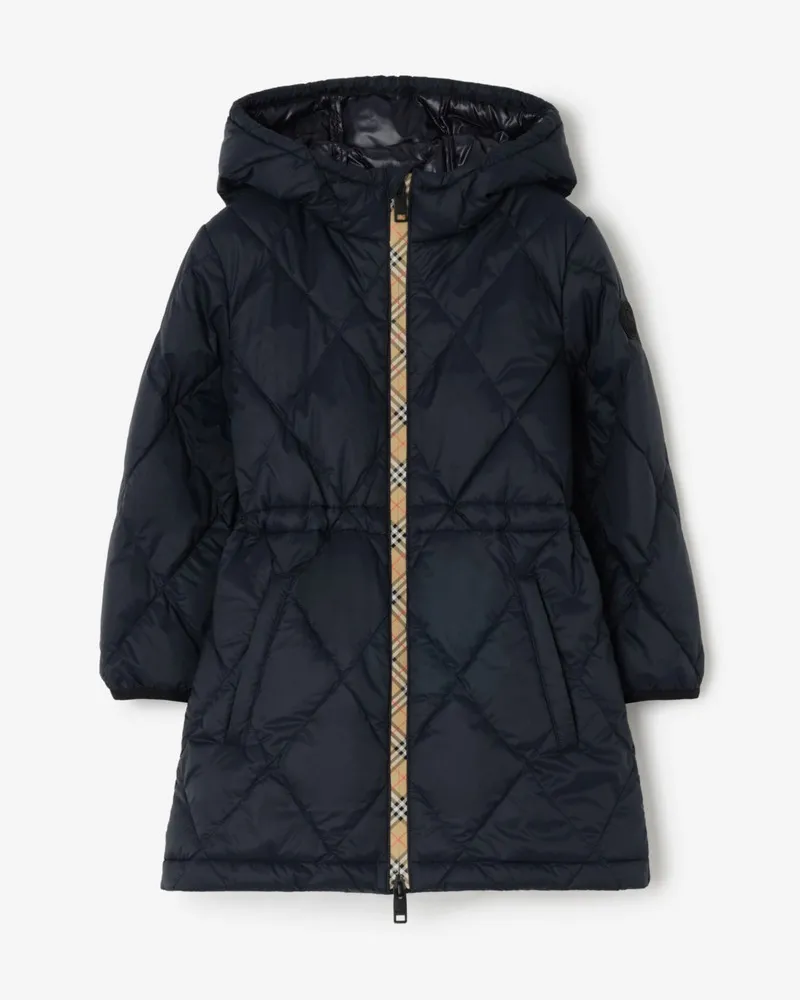 Burberry Gesteppter Nylon-Kapuzenmantel mit Check-Streifen , Size Marineblau