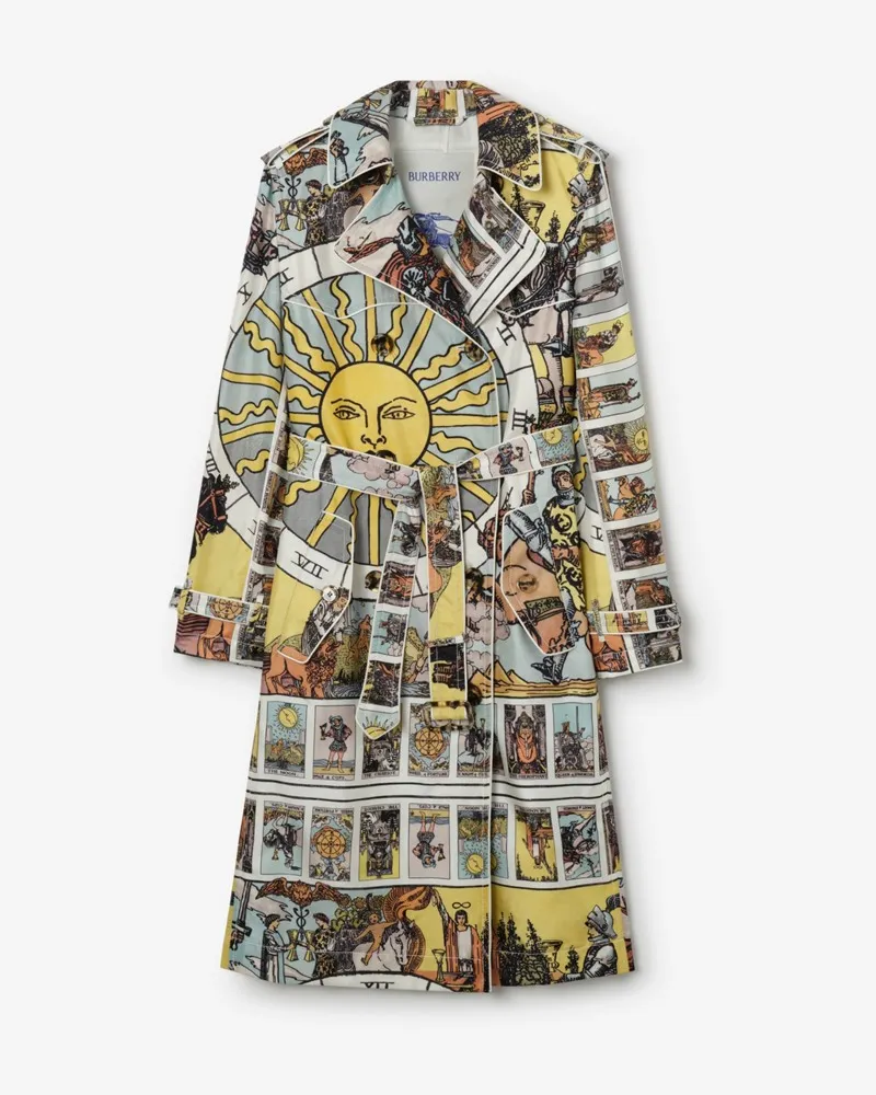 Burberry Langer Seiden-Trenchcoat „Foxfield“ mit Tarot-Print , Size Seaside-blau