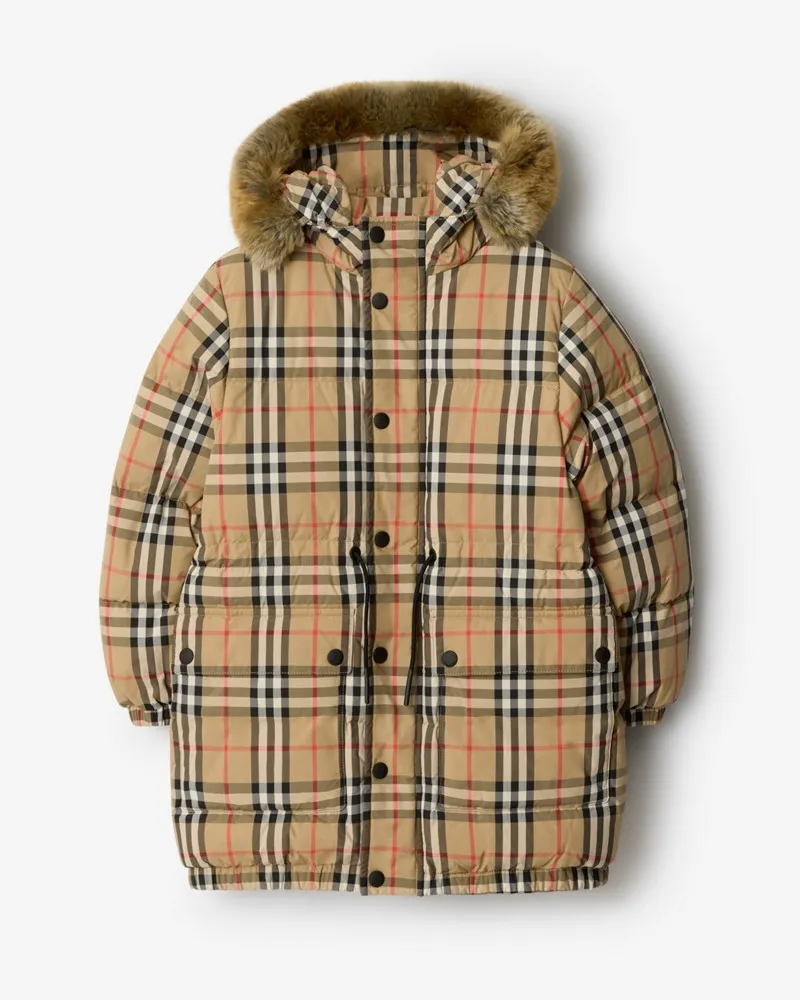 Burberry Wattierter Nylonmantel in Check mit Kunstpelzbesatz , Size Sand