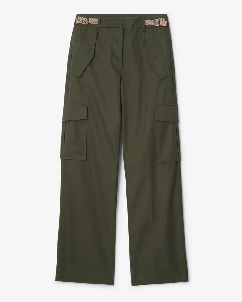 Burberry Gabardine-Cargohose mit Check-Besatz , Size Marrow-grün