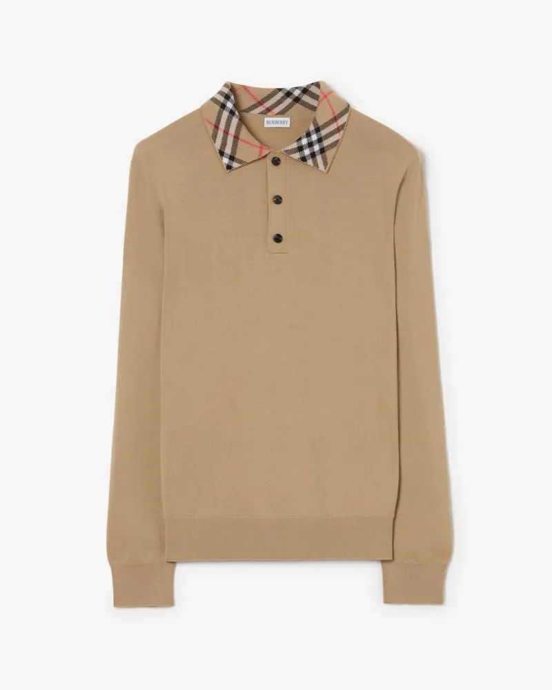 Burberry Langärmeliges Kaschmir-Poloshirt mit Check-Kragen Beige