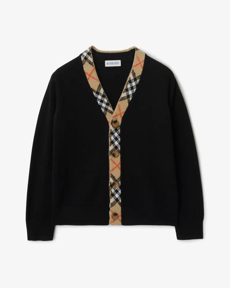 Burberry Woll-Cardigan mit Check-Besatz , Size Schwarz