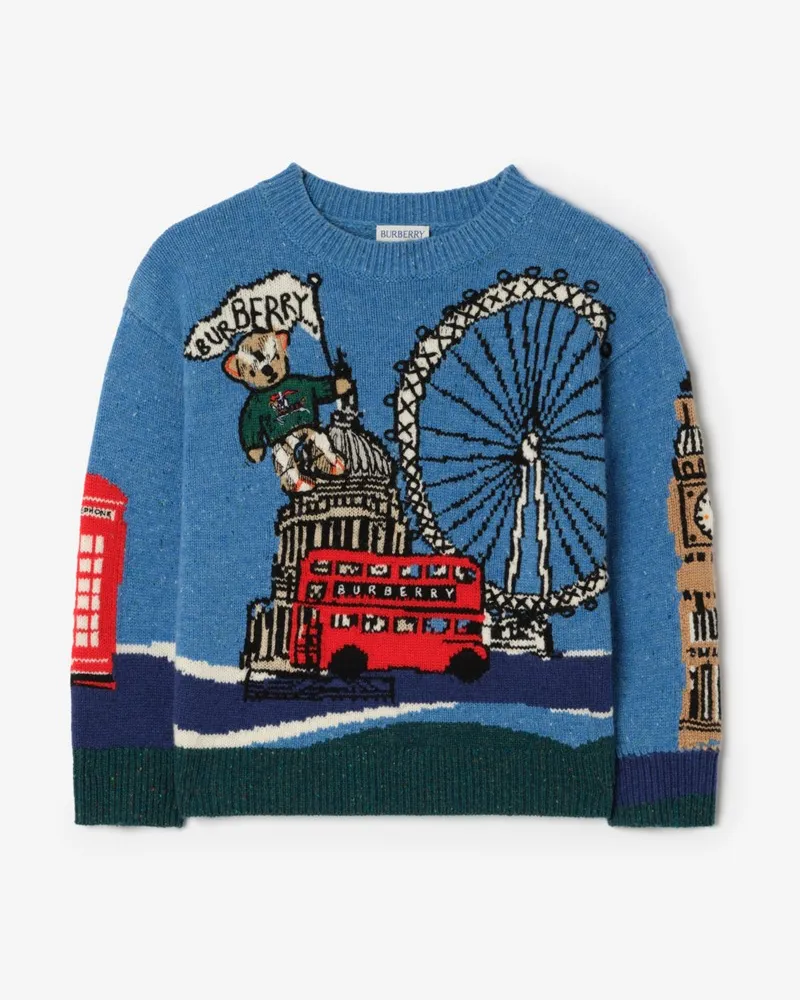 Burberry Wollmischpullover mit Bär in London , Size Sky-blau