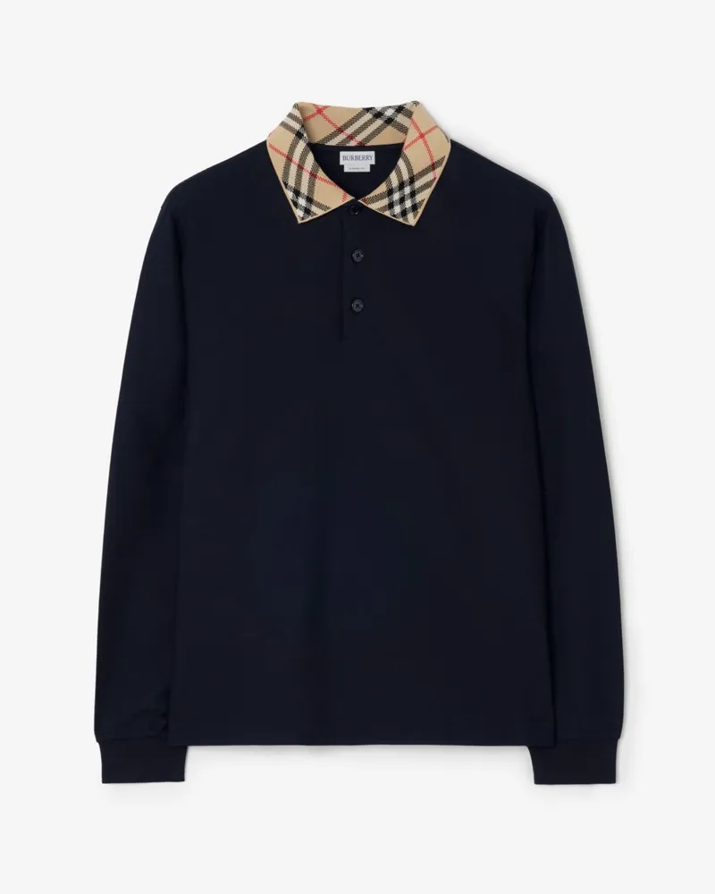 Burberry Langärmeliges Baumwoll-Poloshirt mit Check-Kragen , Size Navy