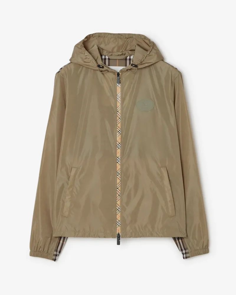 Burberry Nylon-Kapuzenjacke mit Karobesatz , Size Finch-braun