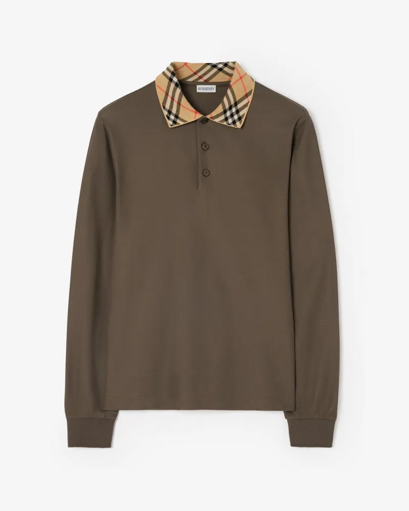 Burberry Langärmeliges Baumwoll-Poloshirt mit Check-Kragen , Size Sepia